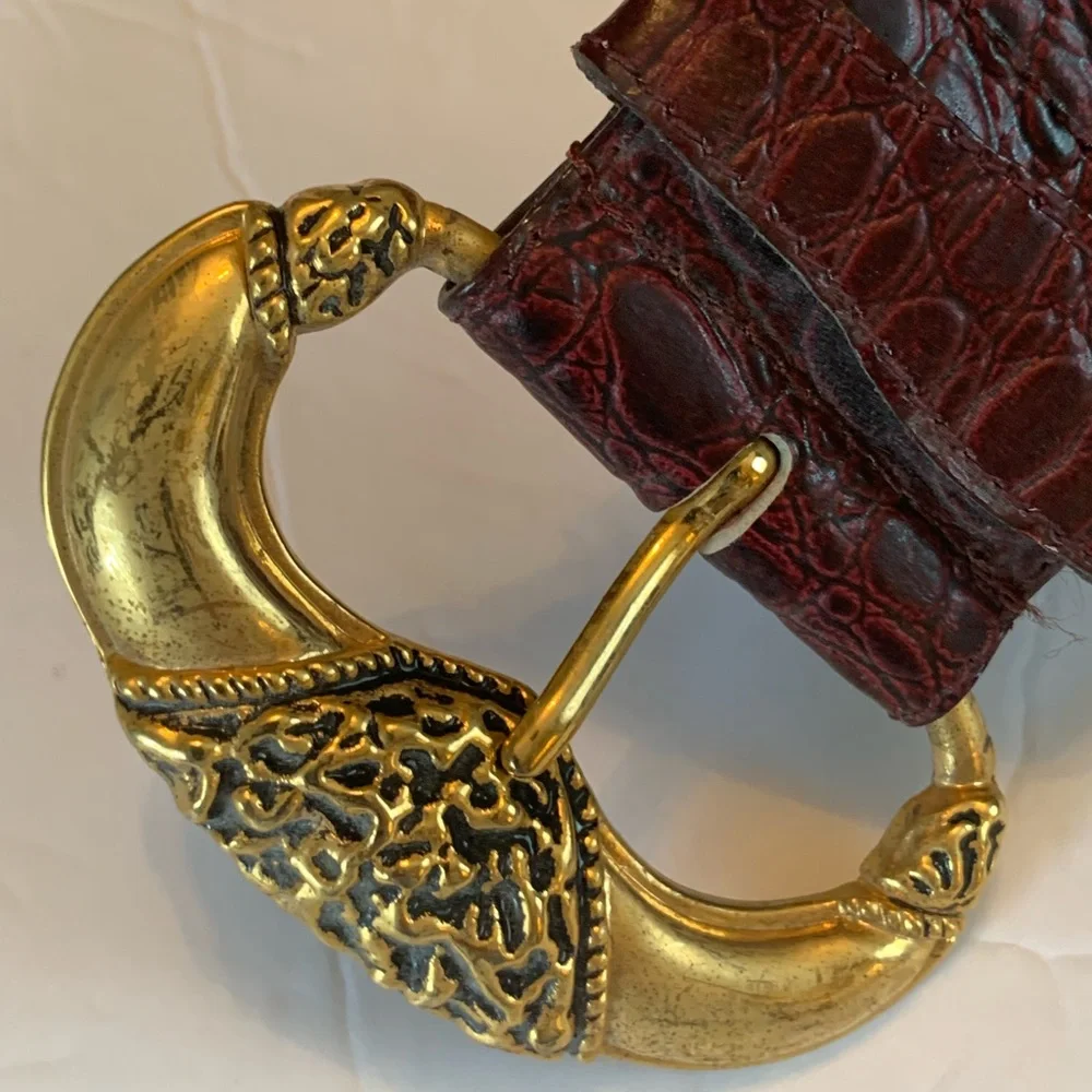 Vintage Milor Faux Alligator belt Gold Art Nouveau Modernist Buckle Brutalist